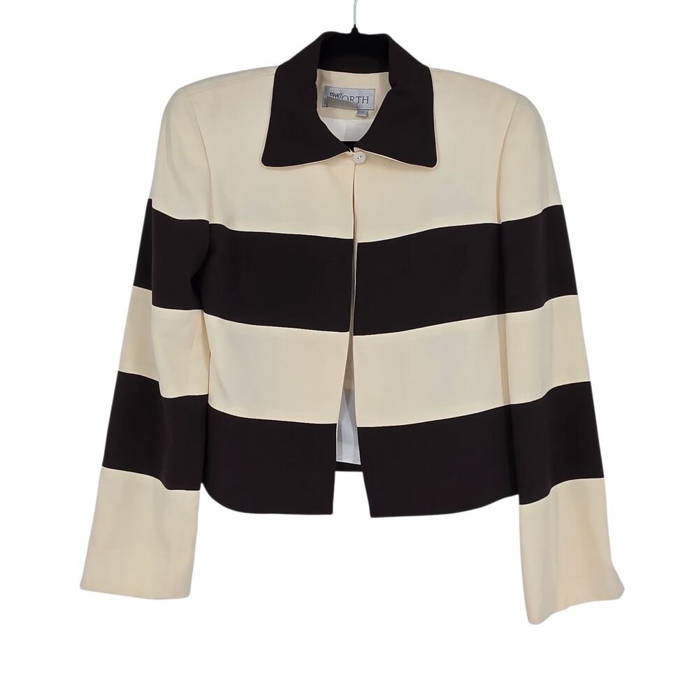 Vintage 90s Worth Cream & Black Stripe 100% Silk Cropped Button Jacket Size 4